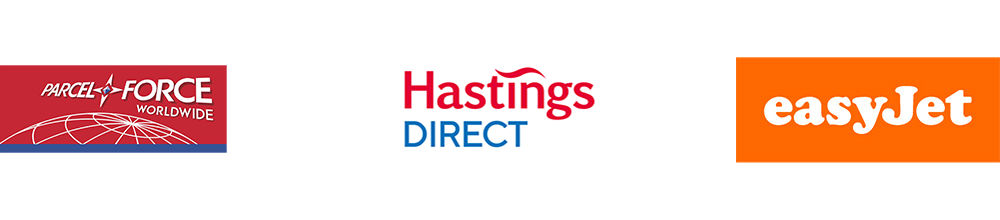 Business logos of Parcelforce, Hastings Direct and EasyJet