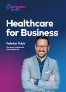 Cover of Intermediaries Technical Guide. A woman in a suit next to text. Text reads: 'Healthcare for Business. Technical guide'